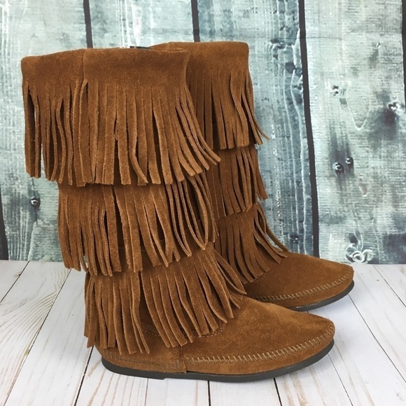 Minnetonka Three Layer Fringe Boots Hippe Southwest Western Size 6 - Picture 1 of 8